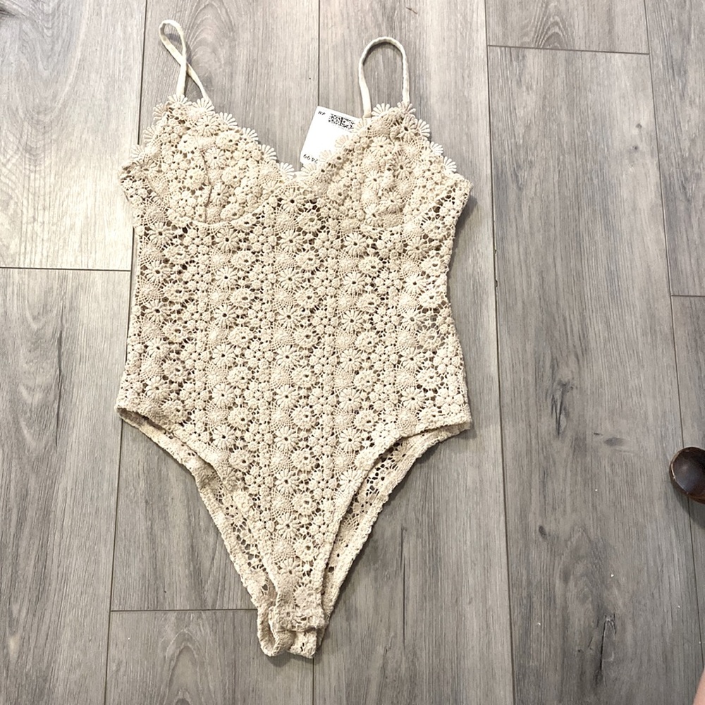 Cream, lace, crochet body suit, H&M